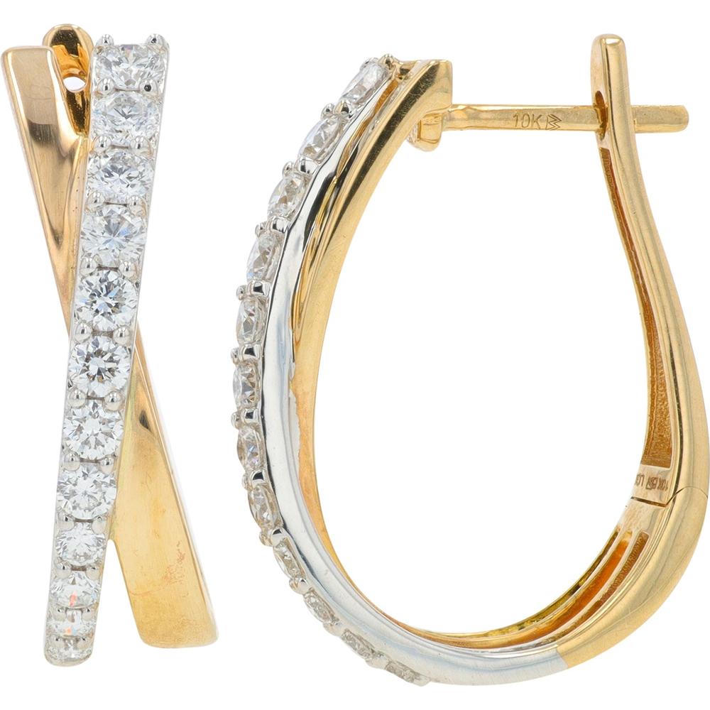 10K Yellow & White Gold Crossover Hoops with Lab Grown Diamonds - 1.00 Carat Total Diamond Weight
