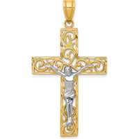 10K Yellow and White Gold Filigree Cross with Crucifix Pendant - 46mm Length