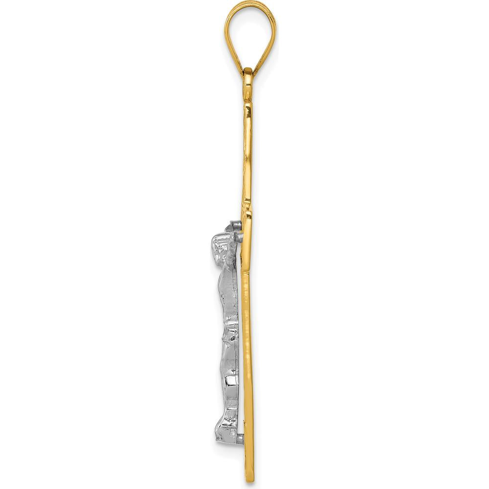 10K Yellow and White Gold Filigree Cross with Crucifix Pendant - 46mm Length