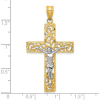 10K Yellow and White Gold Filigree Cross with Crucifix Pendant - 46mm Length