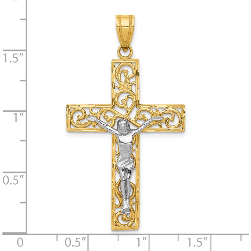 10K Yellow and White Gold Filigree Cross with Crucifix Pendant - 46mm Length
