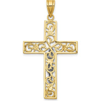 10K Yellow and White Gold Filigree Cross with Crucifix Pendant - 46mm Length