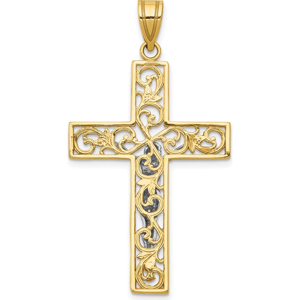 10K Yellow and White Gold Filigree Cross with Crucifix Pendant - 46mm Length