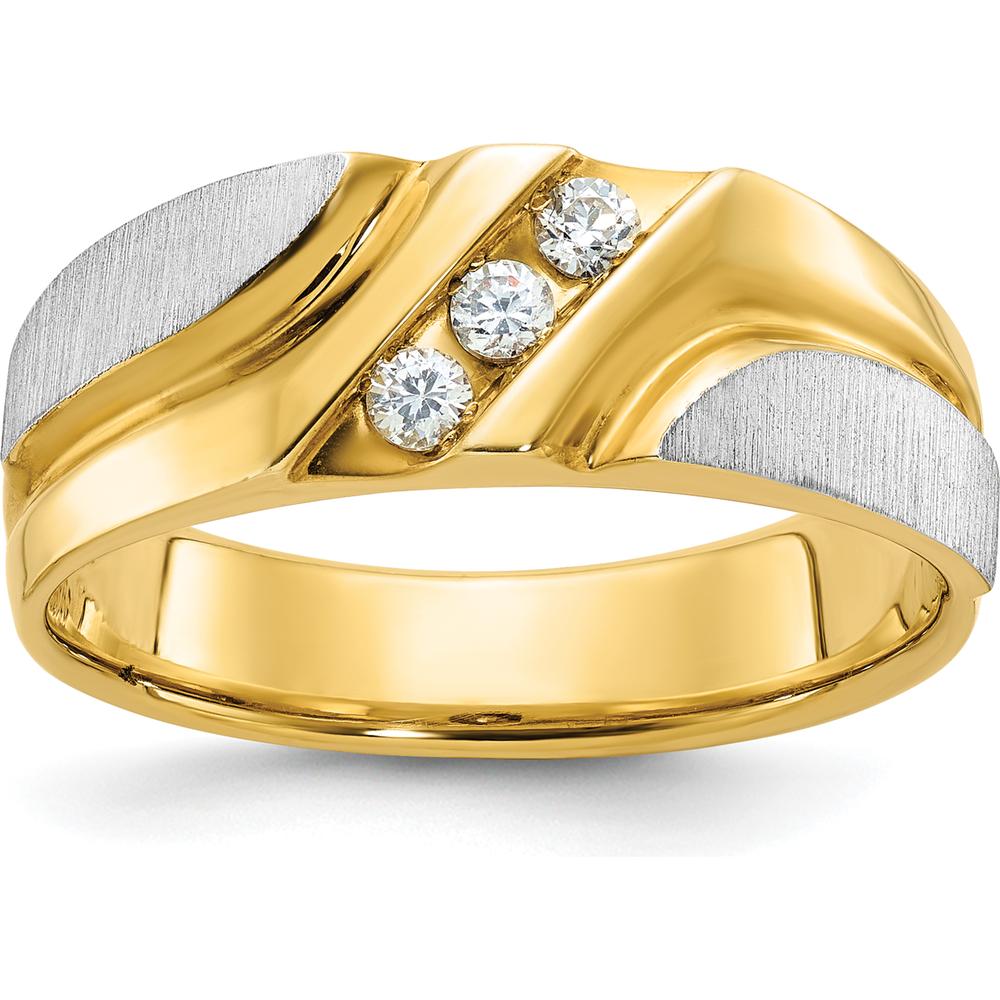 10K Yellow and White Gold Men's 3-Stone Diamond Ring with Satin Finish and Grooved Design - 1/6 Carats Total Diamond Weight by IBGoodman