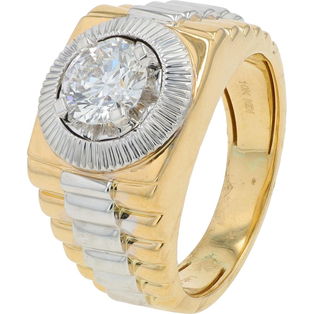 10K Yellow and White Gold Mens Ring with 1.25 Carat Lab Grown Round Diamond