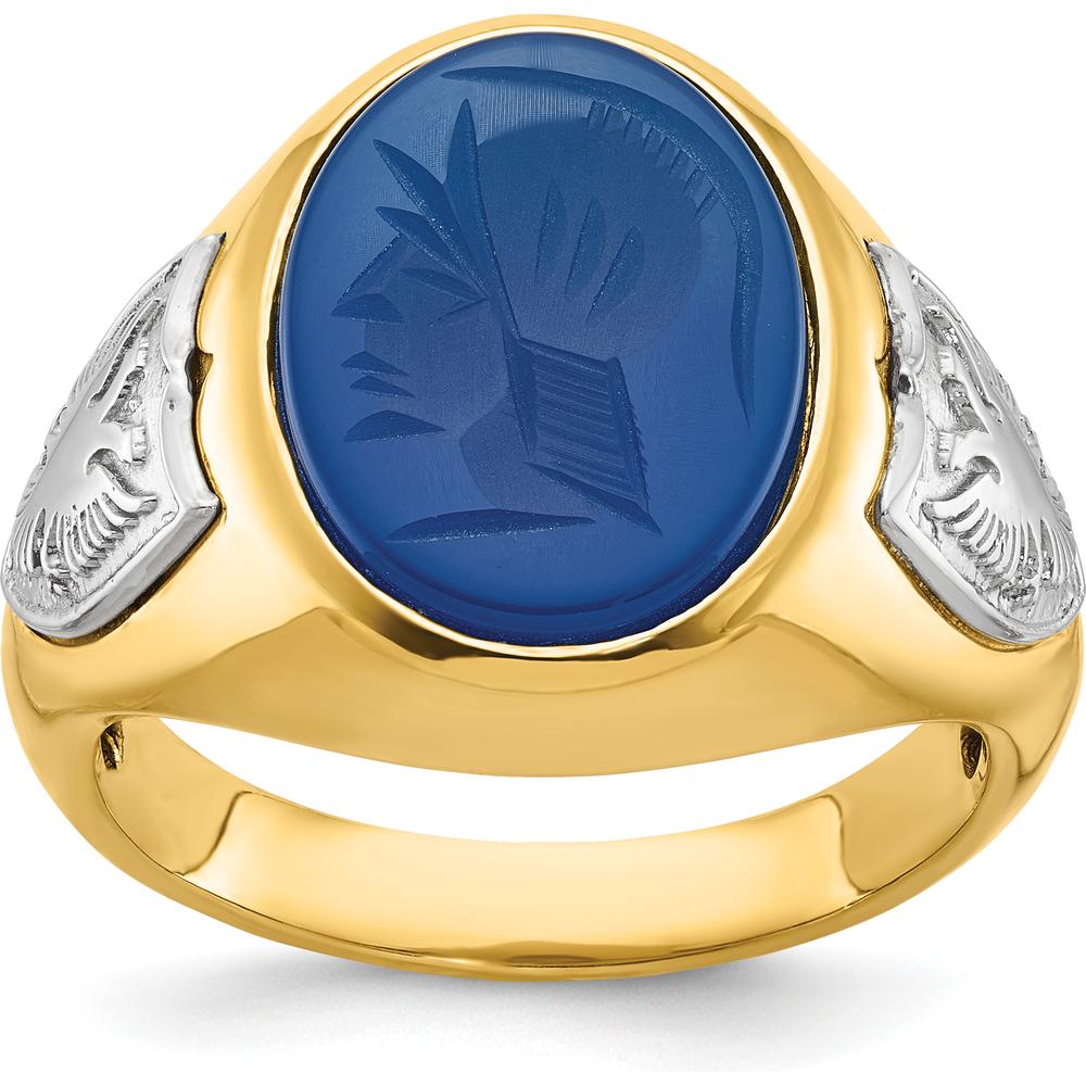 10K Yellow and White Gold Men's Two-Tone Oval Blue Agate Ring with Milgrain Detailing by IBGoodman