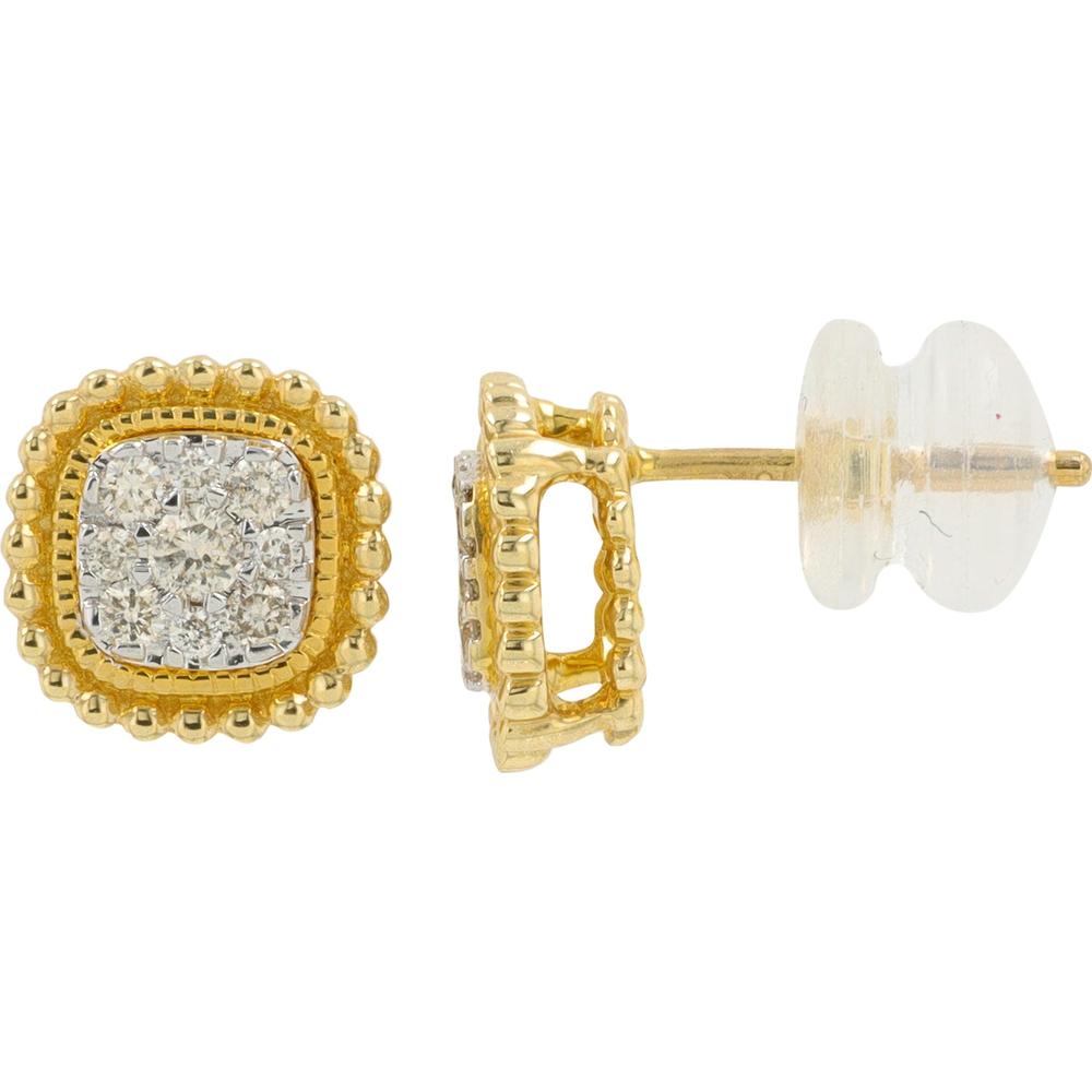 10K Yellow Gold 0.20 Carat Diamond Cluster Stud Earrings - Cushion Shape with Milgrain Detail