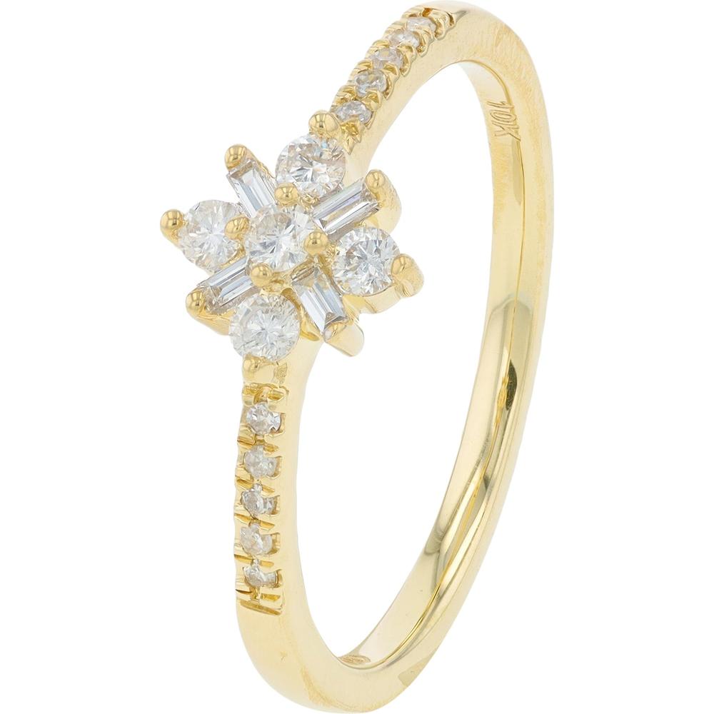 10K Yellow Gold 0.25 Carat Total Diamond Flower Ring with Round and Baguette Cut Diamonds
