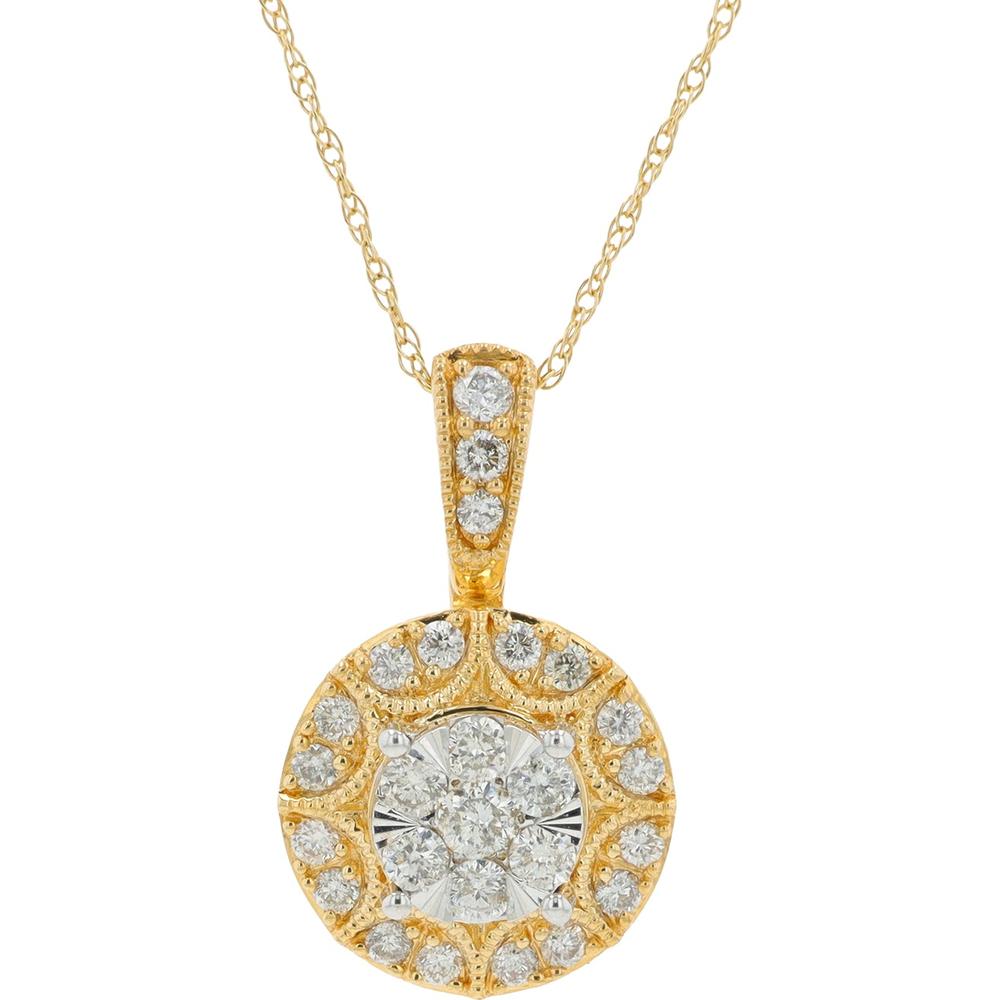 10K Yellow Gold 0.50 Carat Diamond Halo Pendant Necklace with Milgrain Detailing