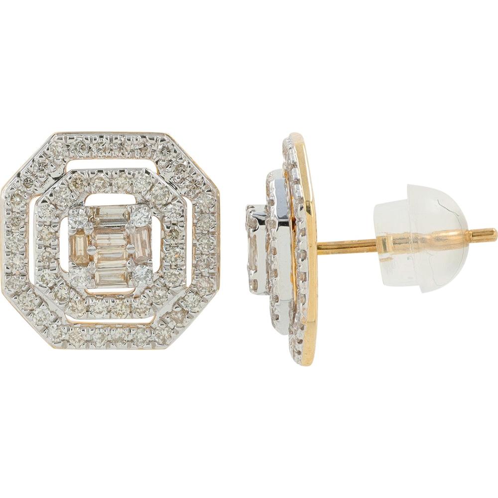10K Yellow Gold 0.57 Carat Total Diamond Octagon Stud Earrings with Baguette and Round Diamonds