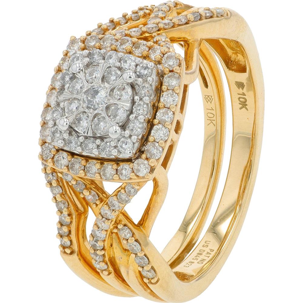 10K Yellow Gold 0.62 Carat Total Weight Diamond Bridal Set with Halo and Milgrain Detailing