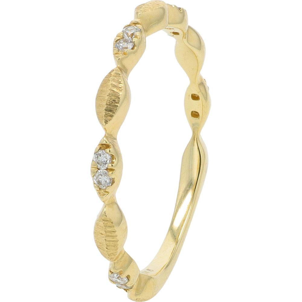 10K Yellow Gold 1/10 Carat Diamond Stackable Band with Textured Leaf Motifs