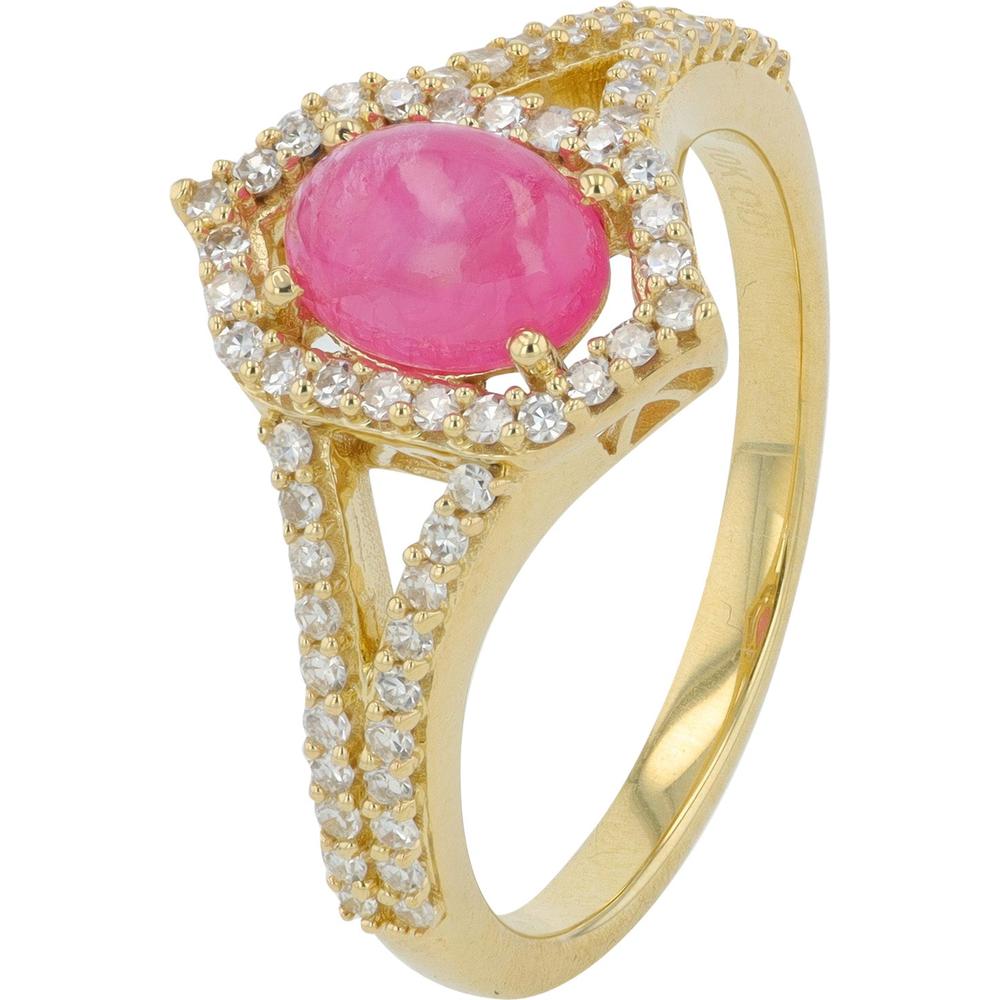 10K Yellow Gold 1.22 Carats Cabochon Pink Sapphire and Diamond Halo Ring - 0.32 Carats Total Diamond Weight