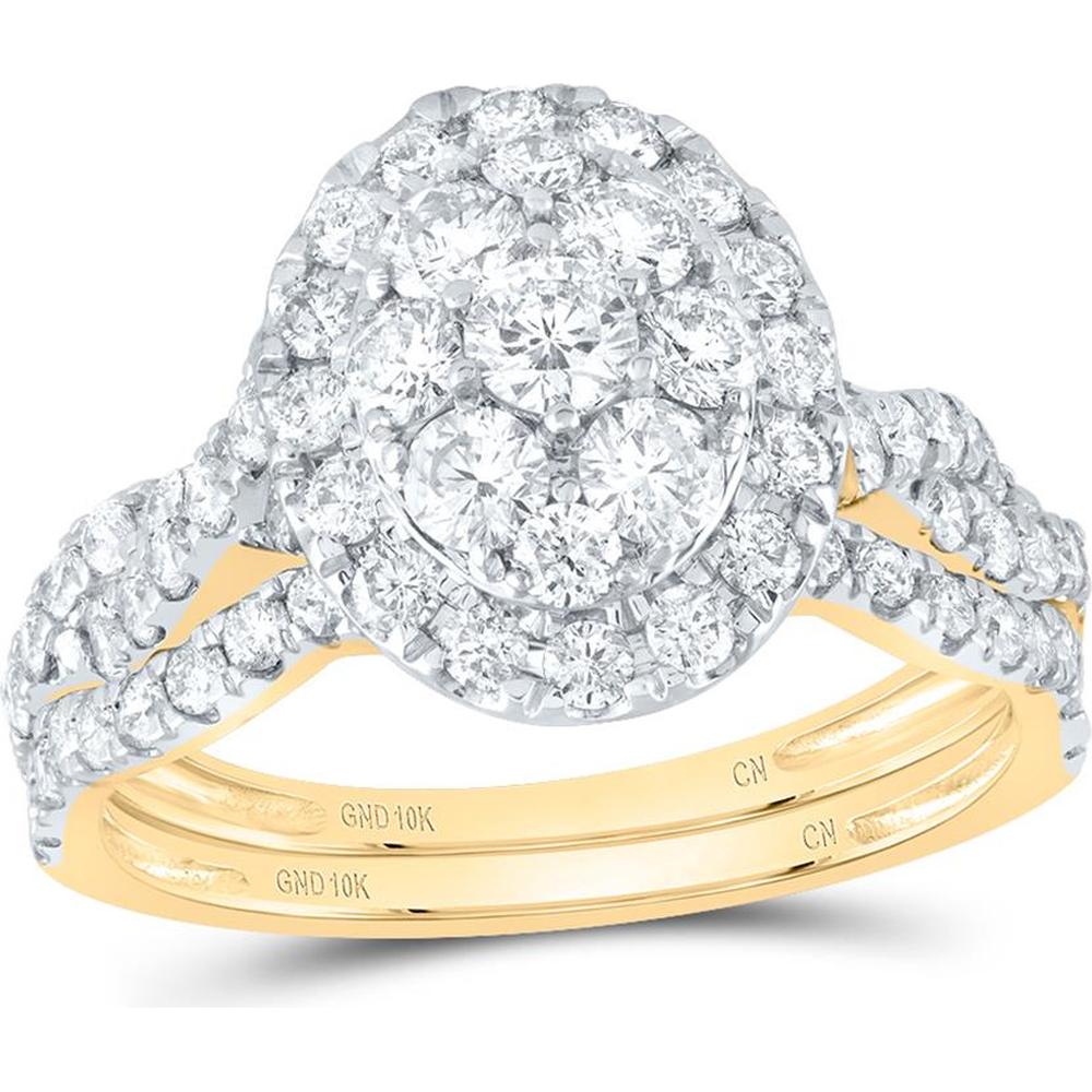 10K Yellow Gold 1.5 Carat Round Diamond Oval Cluster Bridal Wedding Ring Set