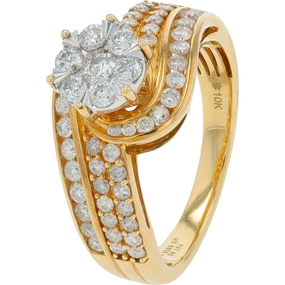 10K Yellow Gold 1 Carat Diamond Engagement Ring with Prong Set Diamonds Along the Band