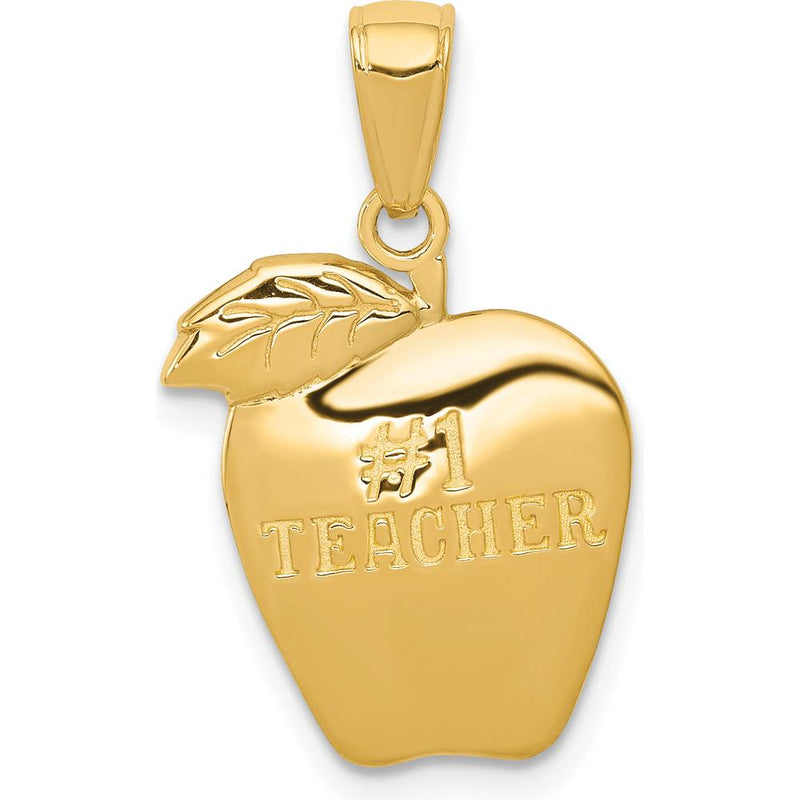 10K Yellow Gold #1 Teacher Apple Pendant - Polished Finish, 22mm Length, 14mm Width