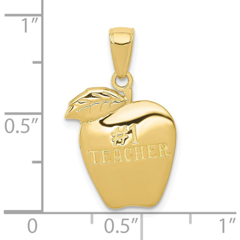 10K Yellow Gold #1 Teacher Apple Pendant - Polished Finish, 22mm Length, 14mm Width