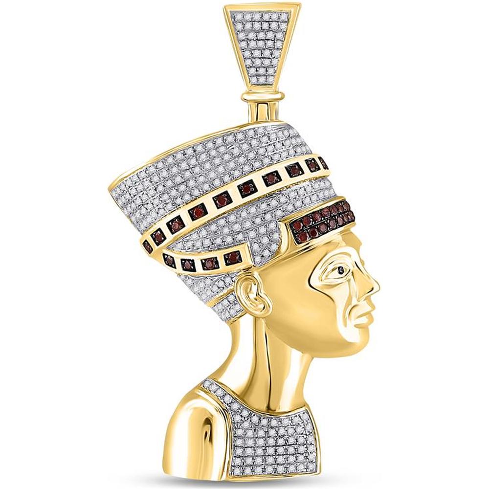 10K Yellow Gold 10 Carat Round Red Diamond Pharaoh Nefertiti Pendant with Pave, Channel, and Prong-Set Diamonds - 1 Carat Total Gem Weight