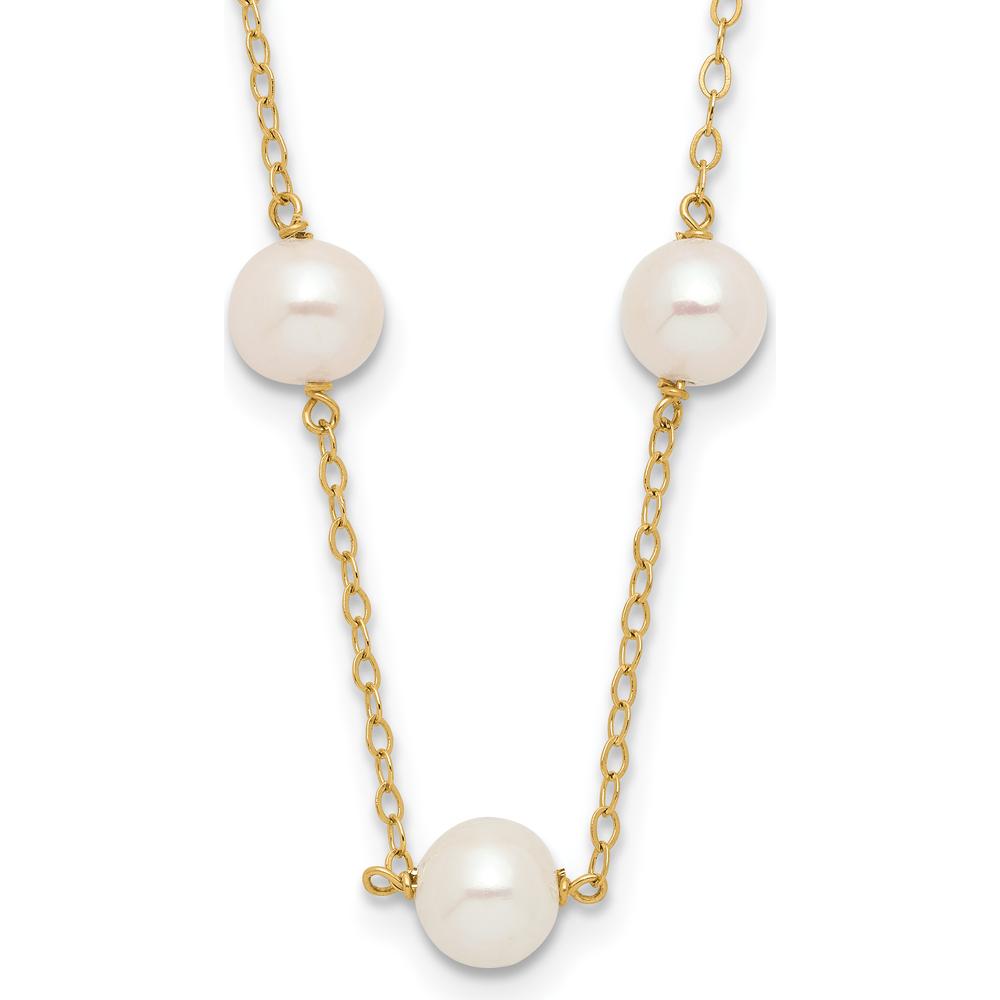 10K Yellow Gold 18" Freshwater Cultured Pearl Station Necklace - 12 White Near Round Pearls, 5.5-6.5mm