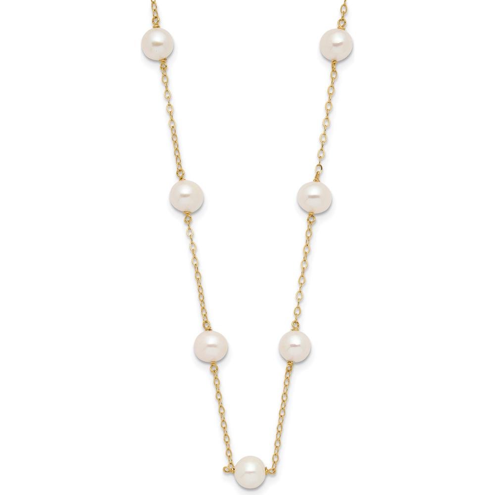 10K Yellow Gold 18" Freshwater Cultured Pearl Station Necklace - 12 White Near Round Pearls, 5.5-6.5mm