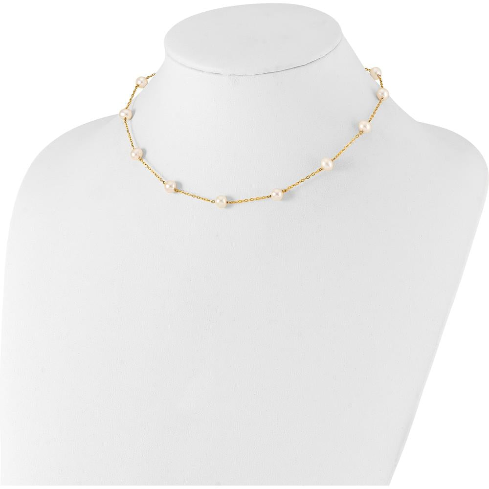 10K Yellow Gold 18" Freshwater Cultured Pearl Station Necklace - 12 White Near Round Pearls, 5.5-6.5mm