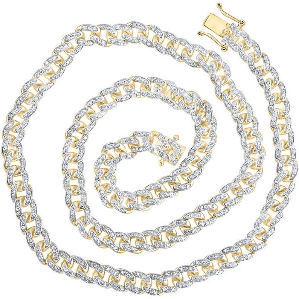 10K Yellow Gold 18-Inch Cuban Link Necklace with Pave-Set Round Diamonds - 3.33 Carat Total Diamond Weight
