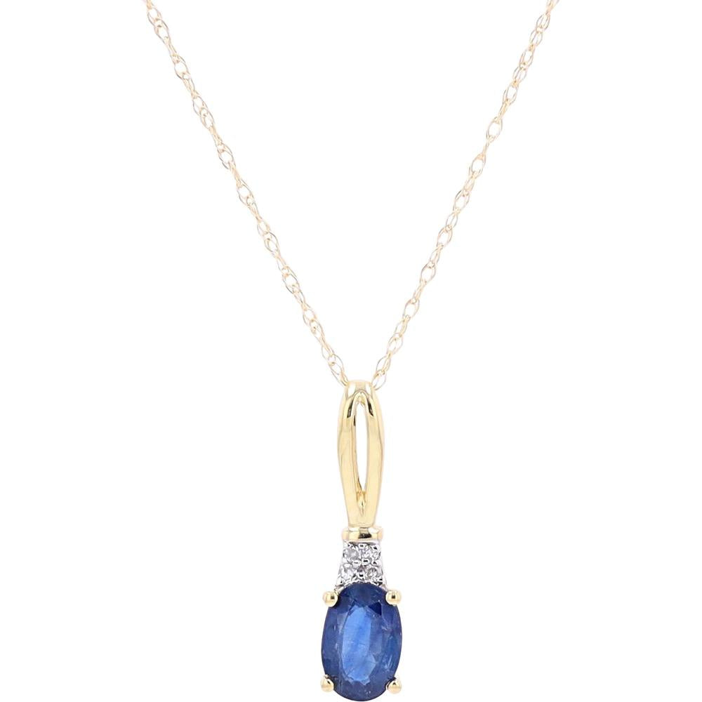 10K Yellow Gold 18" Pendant Necklace with Oval Sapphire and Diamond Accent - 0.02 Carats Diamond Total Weight