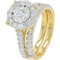 10K Yellow Gold 2 Carat Center Lab Grown Diamond Bridal Set with Halo and Pavé Diamond Band