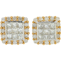10K Yellow Gold 2 Carat Diamond Cluster Stud Earrings with Princess and Round Diamond Halo - 2.00 Carat Total Diamond Weight