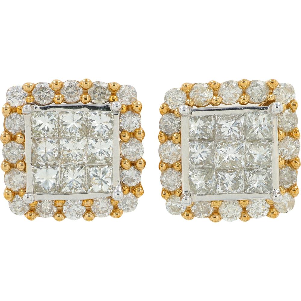 10K Yellow Gold 2 Carat Diamond Cluster Stud Earrings with Princess and Round Diamond Halo - 2.00 Carat Total Diamond Weight