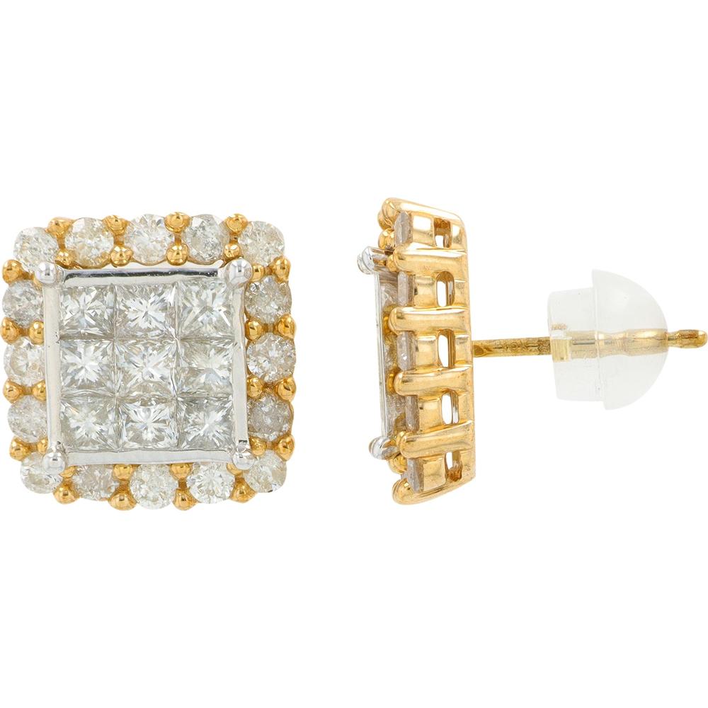 10K Yellow Gold 2 Carat Diamond Cluster Stud Earrings with Princess and Round Diamond Halo - 2.00 Carat Total Diamond Weight