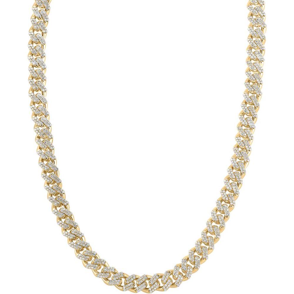 10K Yellow Gold 20-Inch Cuban Link Chain Necklace with Round Prong-Set Diamonds - 11.38 Carat Total Diamond Weight