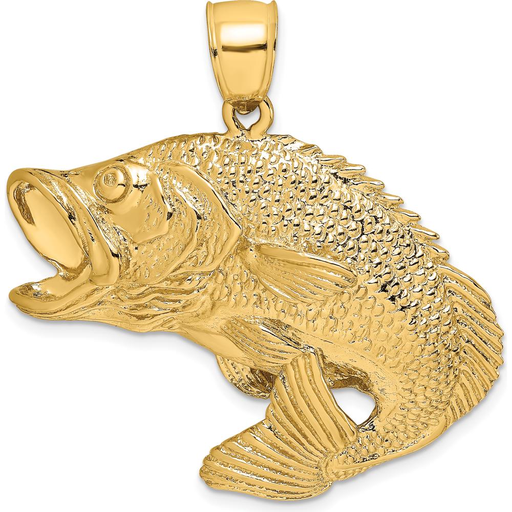 10K Yellow Gold 2D Bass Fish Jumping Pendant Charm - Textured Solid Design