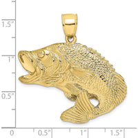 10K Yellow Gold 2D Bass Fish Jumping Pendant Charm - Textured Solid Design
