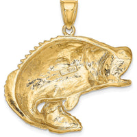10K Yellow Gold 2D Bass Fish Jumping Pendant Charm - Textured Solid Design