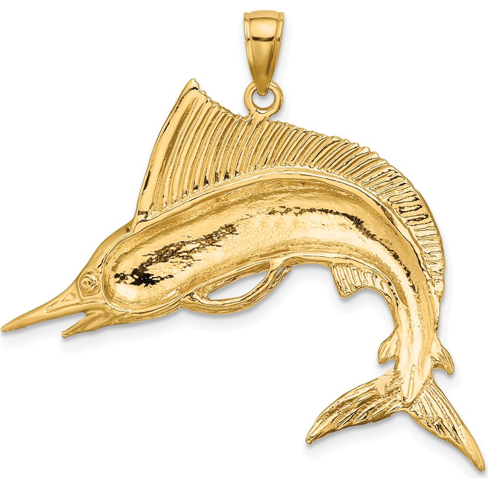 10K Yellow Gold 2D Striped Marlin Charm Pendant - Polished/Satin Finish