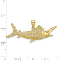 10K Yellow Gold 2D Textured Marlin Fish Charm - Solid Gold Nautical Pendant