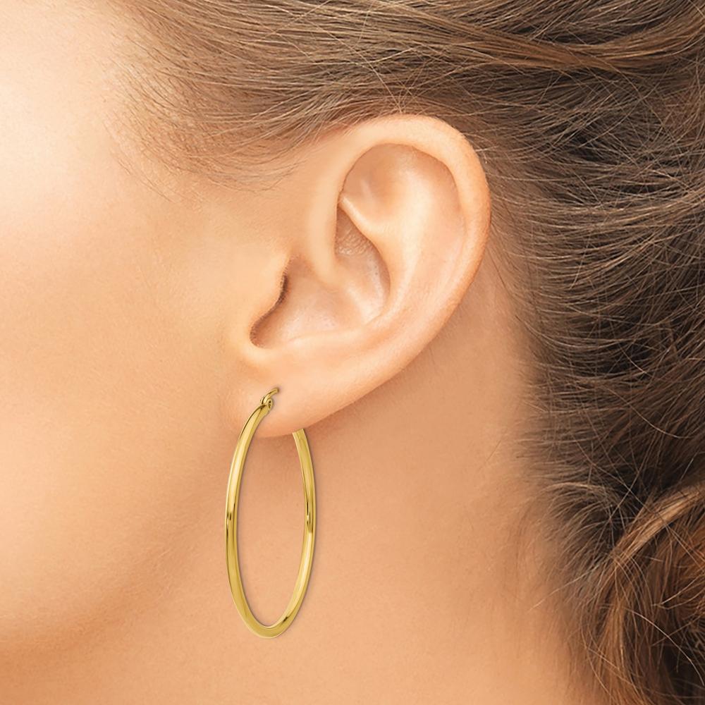 10K Yellow Gold 2mm Polished Lightweight Tube Hoop Earrings - 40mm Length