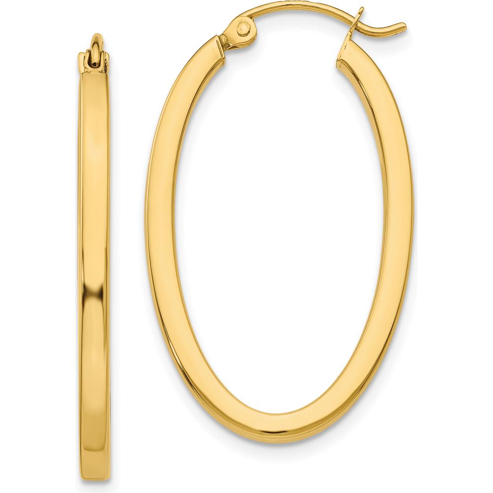 10K Yellow Gold 2mm Polished Oval Hoop Earrings - 14mm Length, 18.5mm Width
