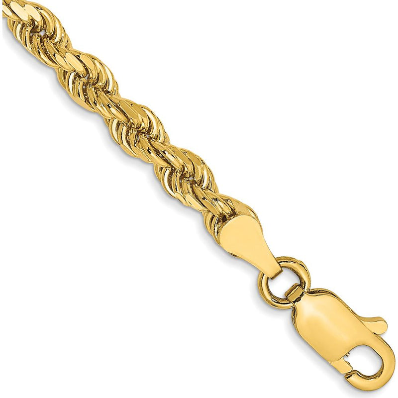 10K Yellow Gold 3.5mm Semi-Solid Diamond-Cut Rope Anklet - 9" Length