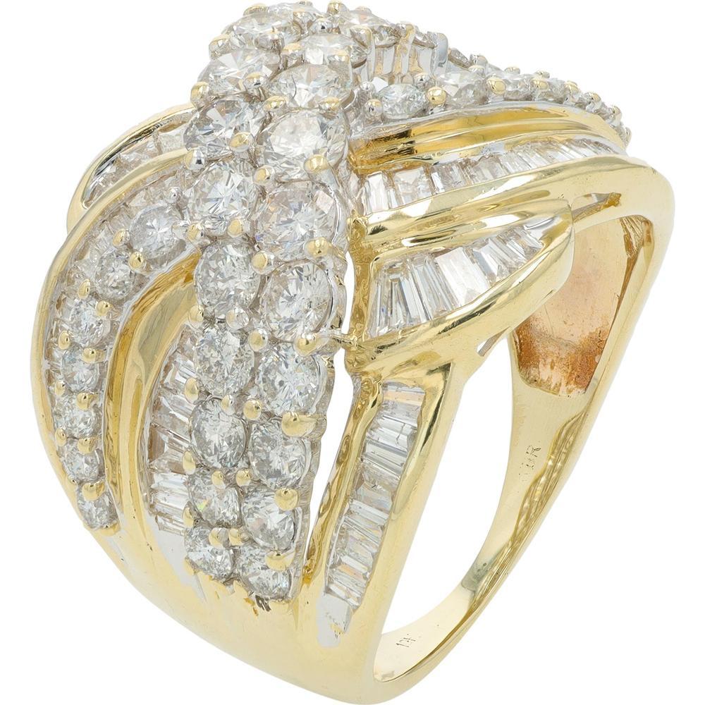 10K Yellow Gold 3 Carat Diamond Crossover Ring with Round and Baguette Diamonds