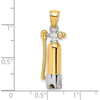 10K Yellow Gold 3-Dimensional Scuba Tank with Hose Charm, Polished Finish with Rhodium Accents