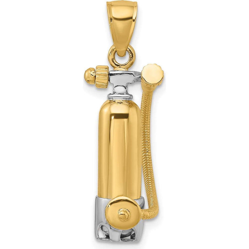 10K Yellow Gold 3-Dimensional Scuba Tank with Hose Charm, Polished Finish with Rhodium Accents
