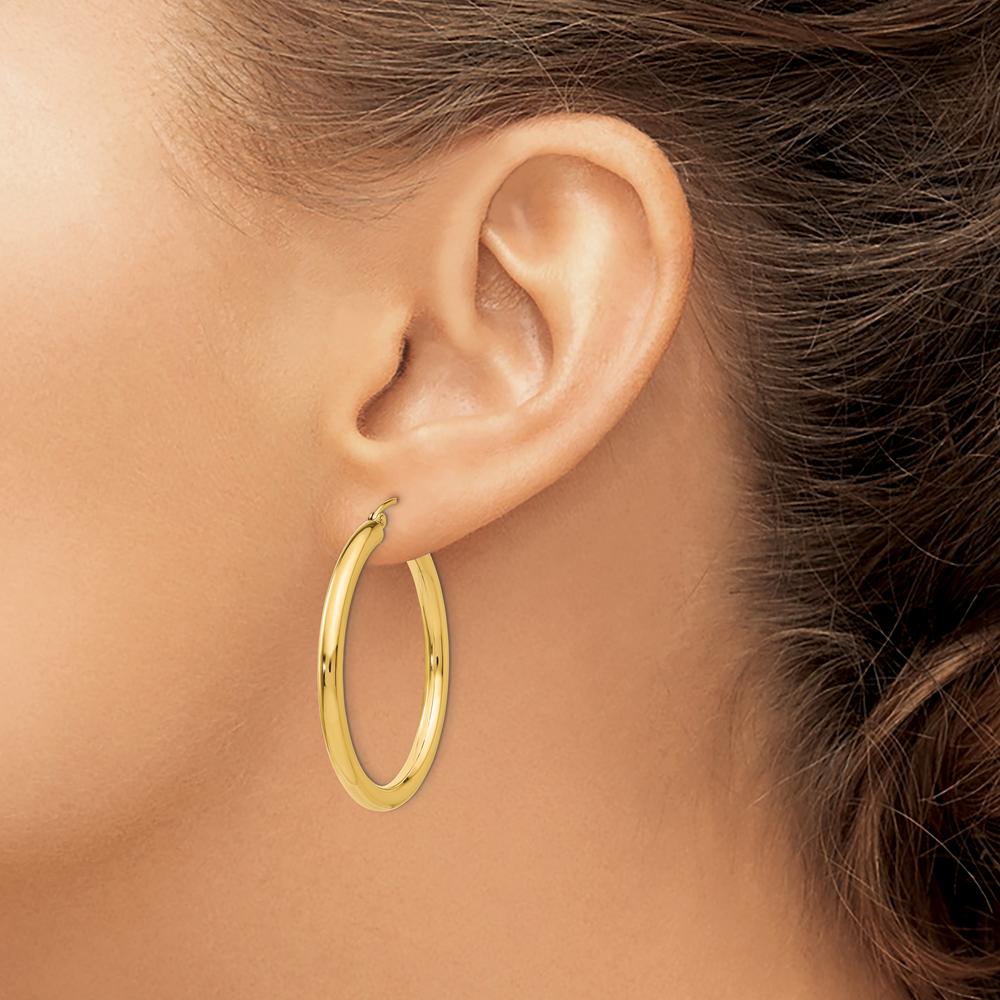 10K Yellow Gold 30mm Polished Tube Hoop Earrings - 3mm Width