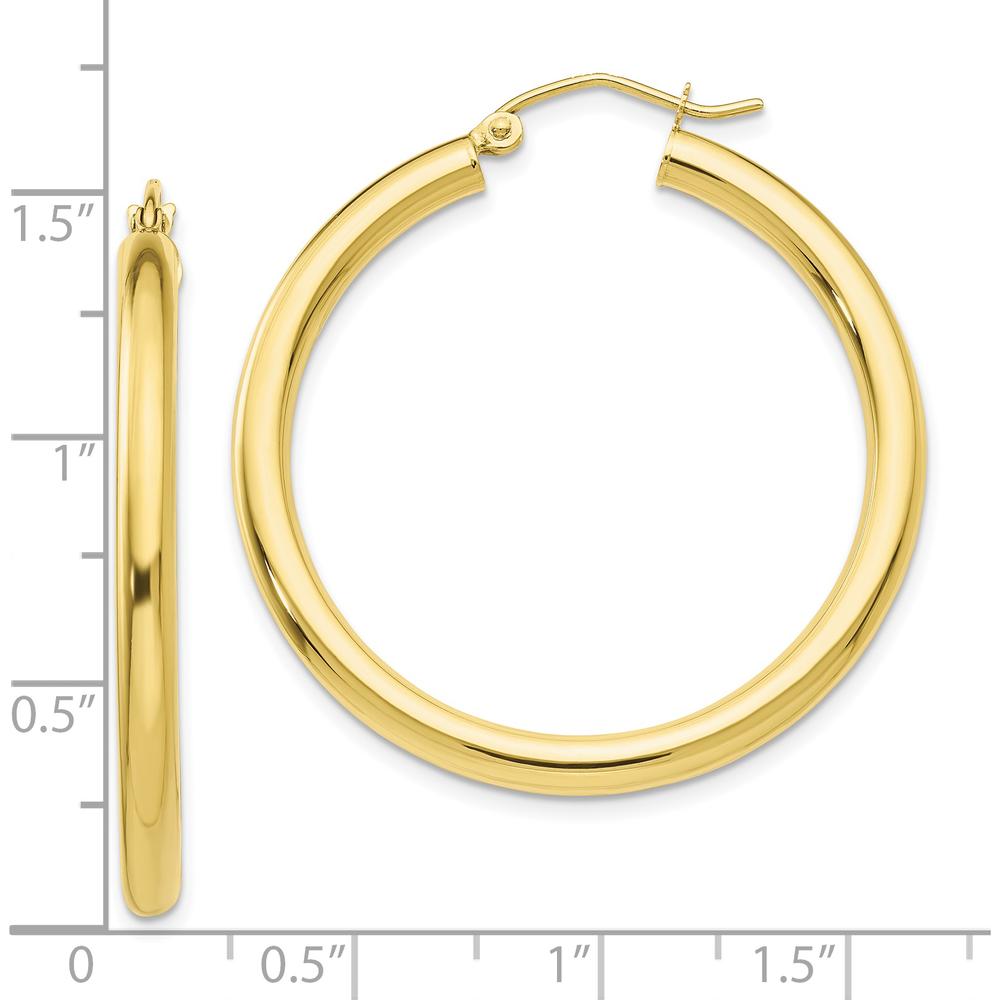 10K Yellow Gold 30mm Polished Tube Hoop Earrings - 3mm Width