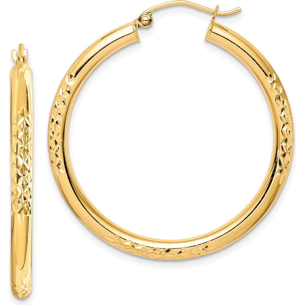 10K Yellow Gold 35mm Diamond-Cut Hollow Tube Hoop Earrings