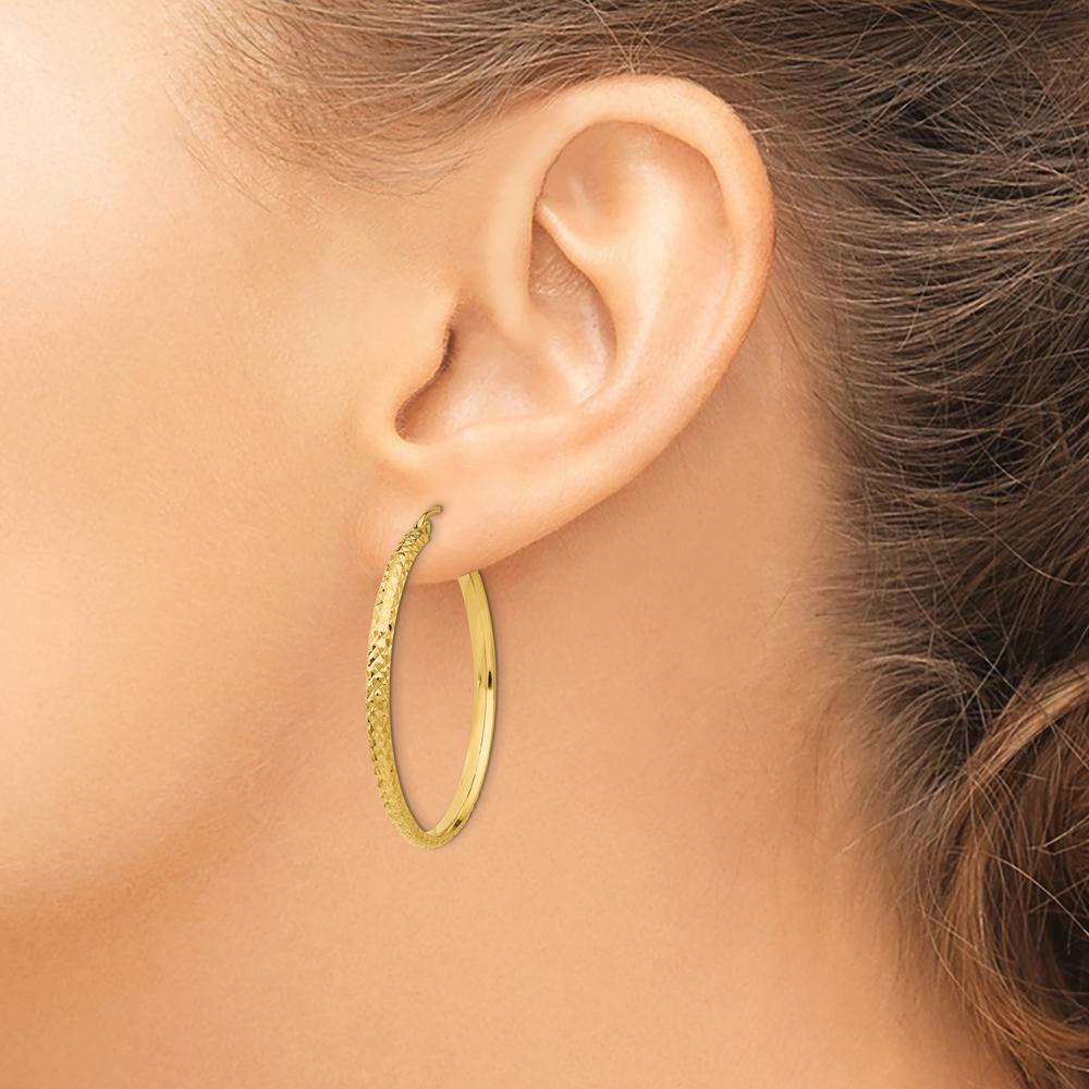 10K Yellow Gold 37mm Diamond-Cut Hollow Hoop Earrings with Polished Finish