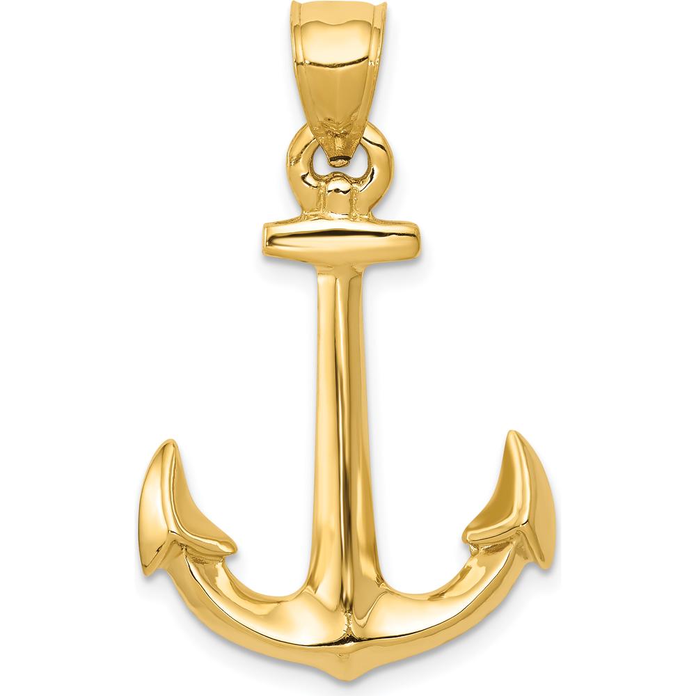 10K Yellow Gold 3D Anchor Pendant - Polished Finish, 35mm Length