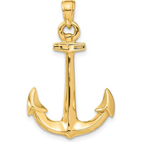 10K Yellow Gold 3D Anchor Pendant - Polished Finish, 35mm Length