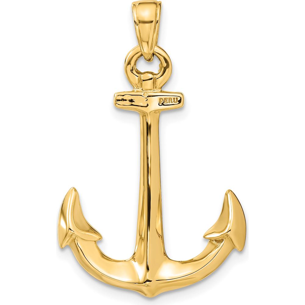 10K Yellow Gold 3D Anchor Pendant - Polished Finish, 35mm Length